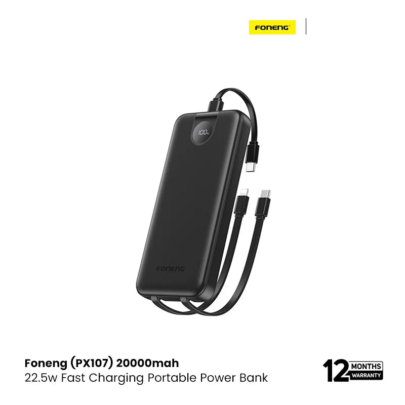 Foneng (PX107) 20000mah 22.5w Fast Charging Portable Power Bank with Built-In 3 Cables- Black