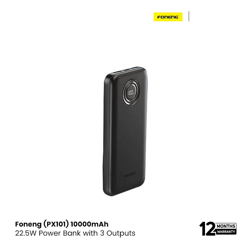 Foneng (PX101) 10000mah 22.5w with 3 outputs Power Bank - Black