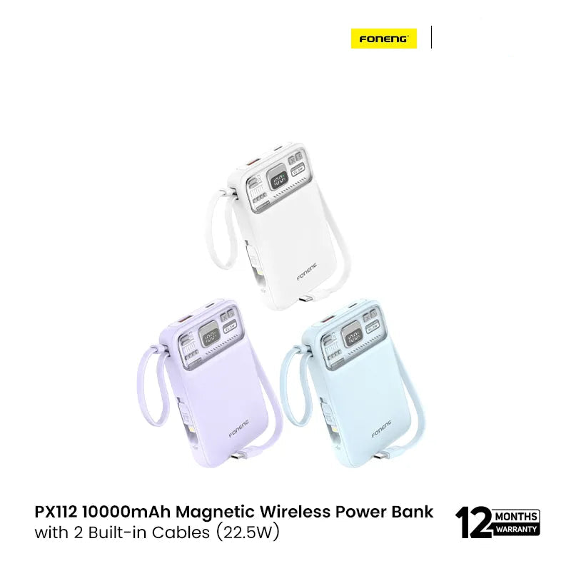 FONENG PX112 10000mAh Mini 22.5W Magnetic Wireless Power Bank with 2 Built-in Cables- White