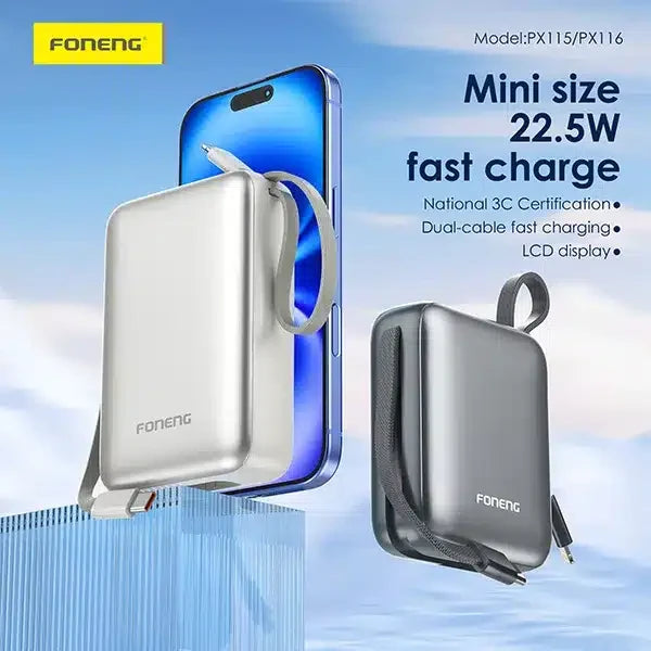 FONENG PX116 20000mAh Mini 22.5W Power Bank with 2 Built-in Cables- Dark Gray