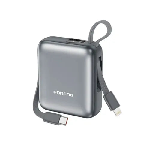 FONENG PX115 10000mAh Mini 22.5W Power Bank with 2 Built-in Cables- Dark Gray
