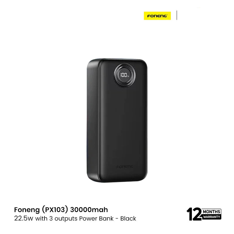 Foneng (PX103) 30000mah 22.5w with 3 outputs Power Bank - Black