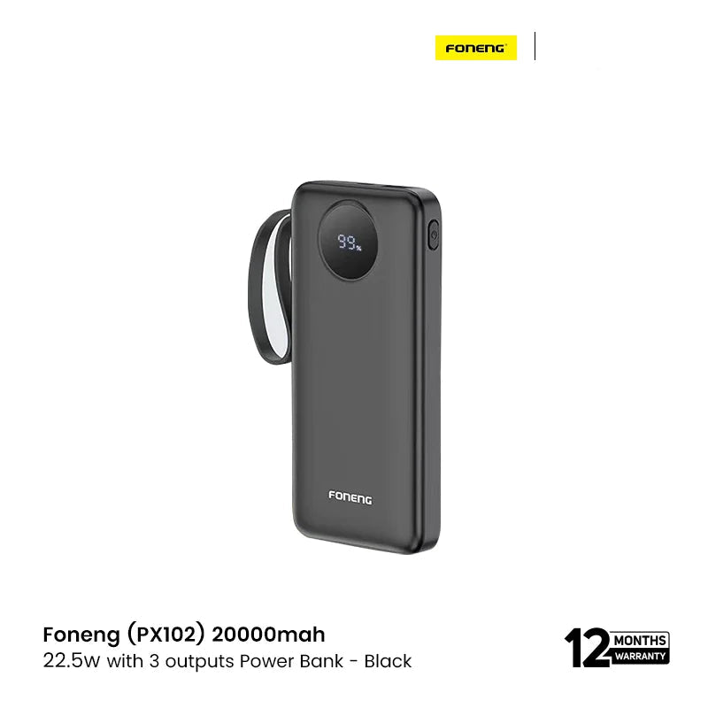Foneng (PX102) 20000mah 22.5w with 3 outputs Power Bank - Black EDU 12355