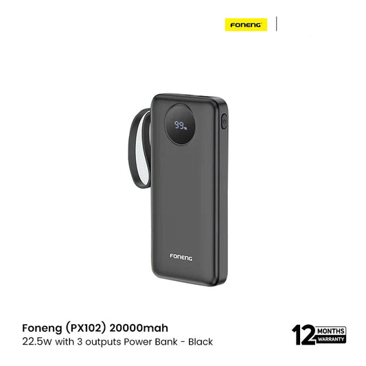 Foneng (PX102) 20000mah 22.5w with 3 outputs Power Bank - Black EDU 12355