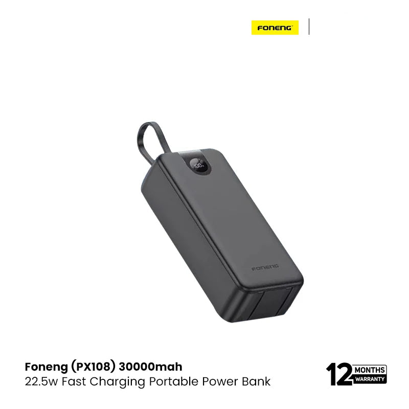 Foneng (PX108) 30000mah 22.5w Fast Charging Portable Power Bank with Built-In 3 Cables- Black