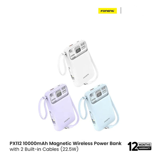 FONENG PX112 10000mAh Mini 22.5W Magnetic Wireless Power Bank with 2 Built-in Cables- White