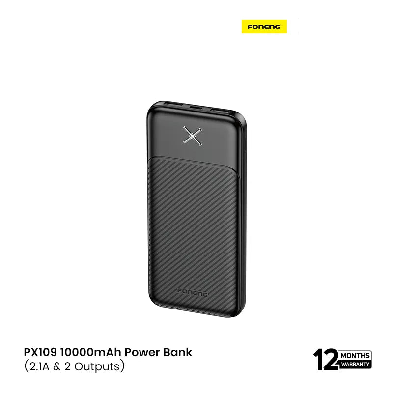 FONENG PX109 10000mAh Portable Power Bank Dual USB Output Fast Charging Battery Pack - Black