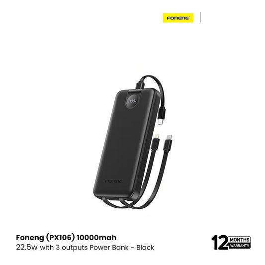Foneng (PX106) 10000mah 22.5w Fast Charging Portable Power Bank with Built-In 3 Cables- Black