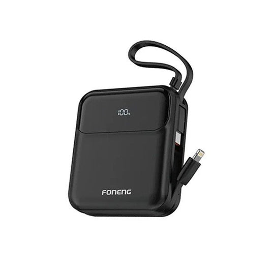 FONENG PX111 10000mAh Mini 22.5W Power Bank with 2 Built-in Cables- Black