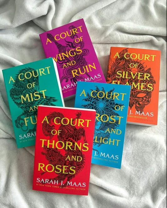 A Court of Thorns and Roses series - A Court of Thorns and Roses - A Court of Mist and Fury - A Court of Wings and Ruin - A Court of Frost and Starlight - A Court of Silver Flames - by Sarah J. Maas.