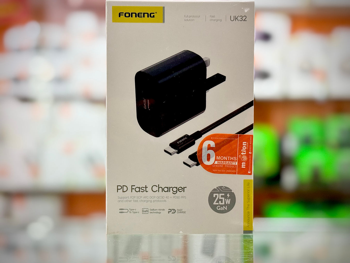 FONENG 25W GaN USB-C Wall Charger With Type-C Cable (UK32) - Black- EDH260155