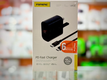 FONENG 25W GaN USB-C Wall Charger With Type-C Cable (UK32) - Black- EDH260155