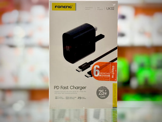 FONENG 25W GaN USB-C Wall Charger With Type-C Cable (UK32) - Black- EDH260155