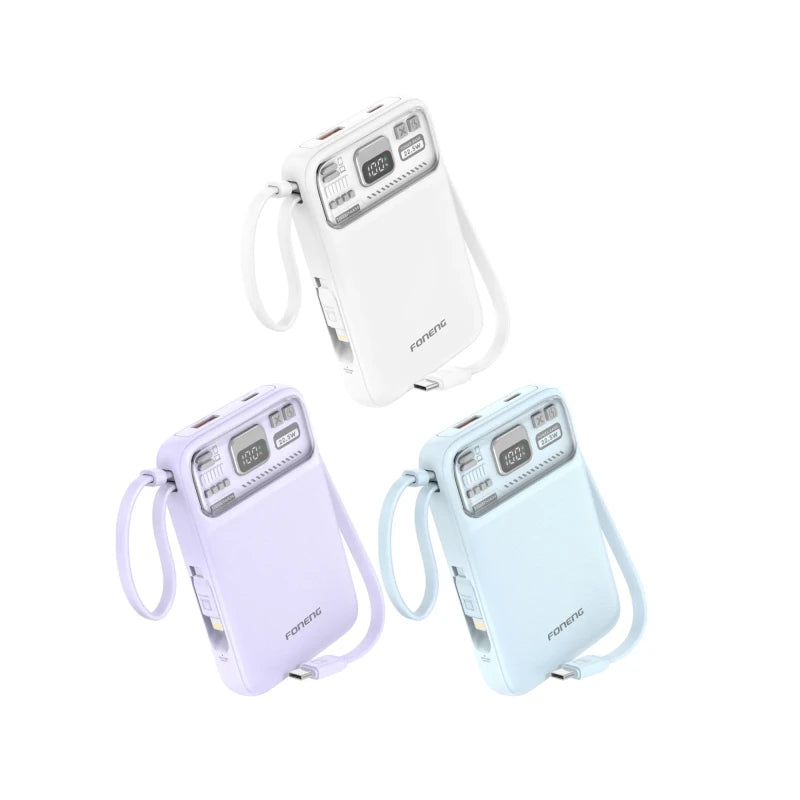 FONENG PX112 10000mAh Mini 22.5W Magnetic Wireless Power Bank with 2 Built-in Cables- Blue