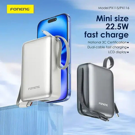 FONENG PX116 20000mAh Mini 22.5W Power Bank with 2 Built-in Cables- Dark Gray