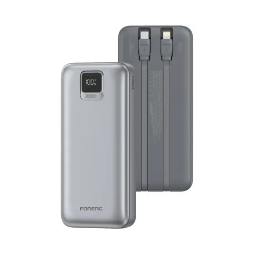 FONENG (PX136) 20000mah 22.5w Fast Charging Power Bank with Built-In 2 Cables- Dark Gray
